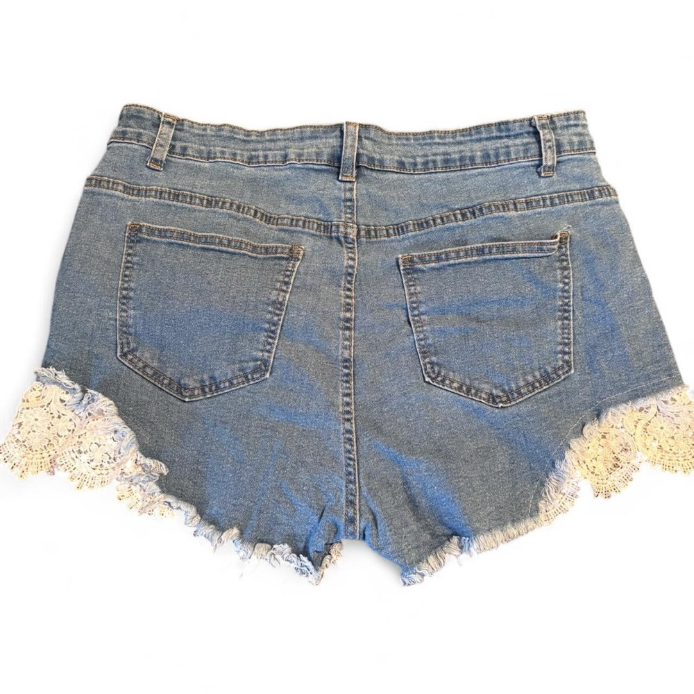 SHEIN Blue Denim Shorts with Cream Lace Hem - Picture 2 of 5